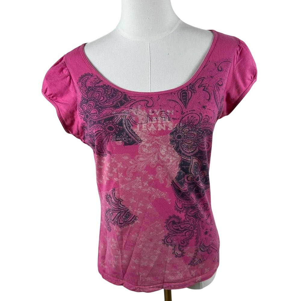 Calvin Klein Jeans T Shirt Womens M Pink Paisley‎ Puff Sleeve Y2K McBling